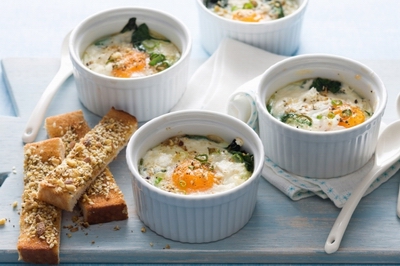 Dukkah baked eggs with toast soldiers