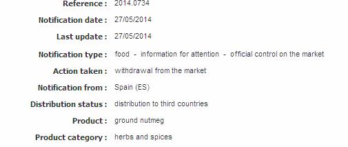 ochratoxin A (21.6 µg/kg - ppb) in ground nutmeg from Spain 