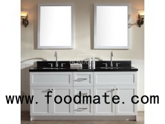 72 Double Bowl White Bathroom Cabinets With Black Granite, Framed Mirror And Square Sink