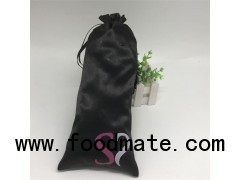 Black Satin Bag Drawstring Pouch With Ribbon